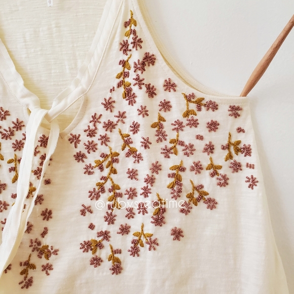 FREE PEOPLE Boho Floral Beaded Flowy Tank Top with Tie, Cream Knit, Embroidery - Picture 3 of 7
